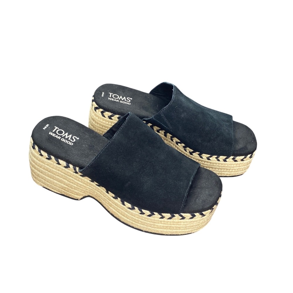TOMS Black Suede Espadrille Platform Slide Sandals Women US 8 Chevron Trim